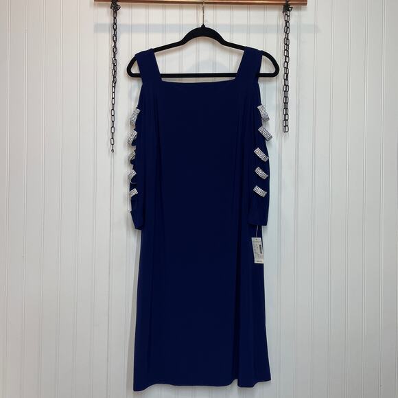 NWT ROZ&ALI Women’s Open Cold Shoulder Embellished Mini Shift Dress Size L - Picture 1 of 7